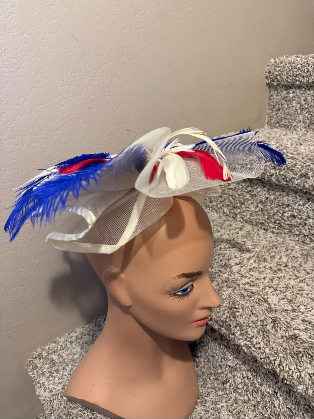 White Fascinator Headpiece with Red & Blue Feather Accents